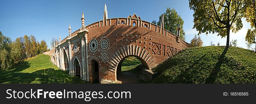 Tsaritsino museum and reserve in Moscow. Bridge (panoramic image). Reconstruction of the 18 th century