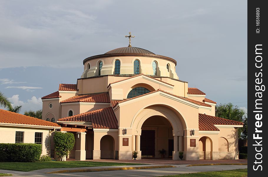 Greek Eastern Orthodox Church on blue sky background