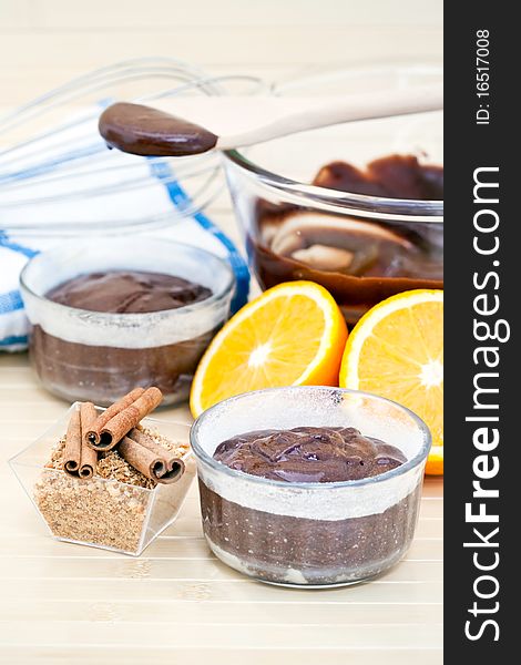 Chocolate cake and ingredients