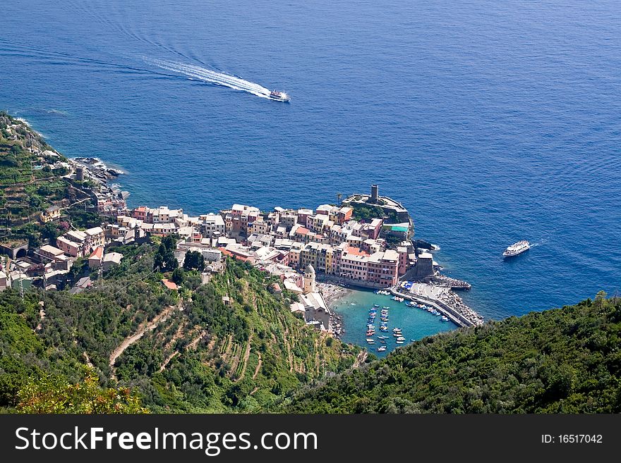 Aerial view of Vernazza village on Cinque Terre coastline, Italian Riviera, Liguria