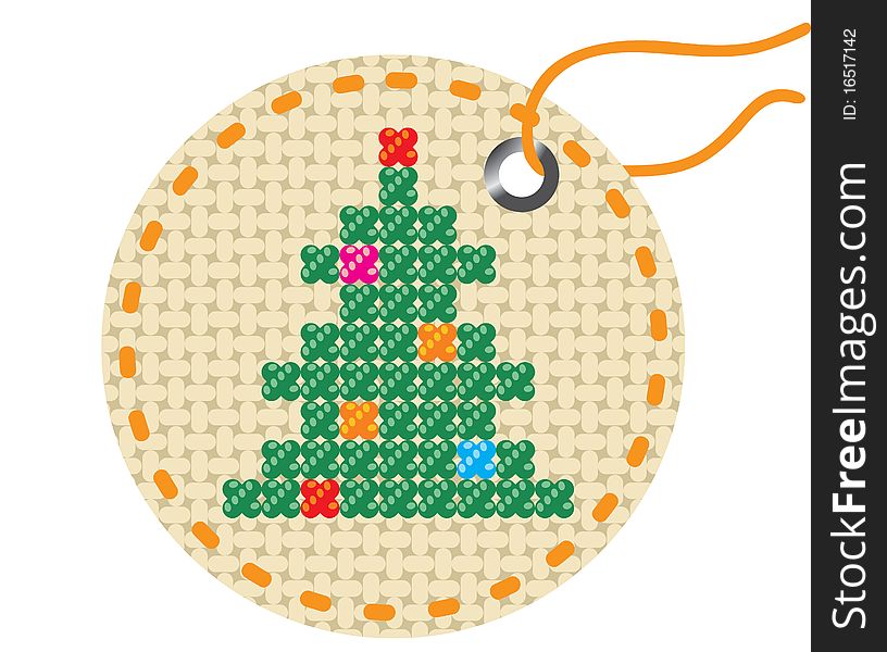 Christmas tree embroidered on a piece of tissue. Vector illustration.