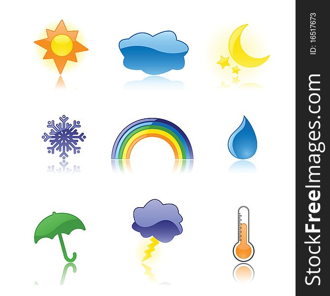 Nine glossy weather icons, reflected on a white background. Perfect for rain or shine!