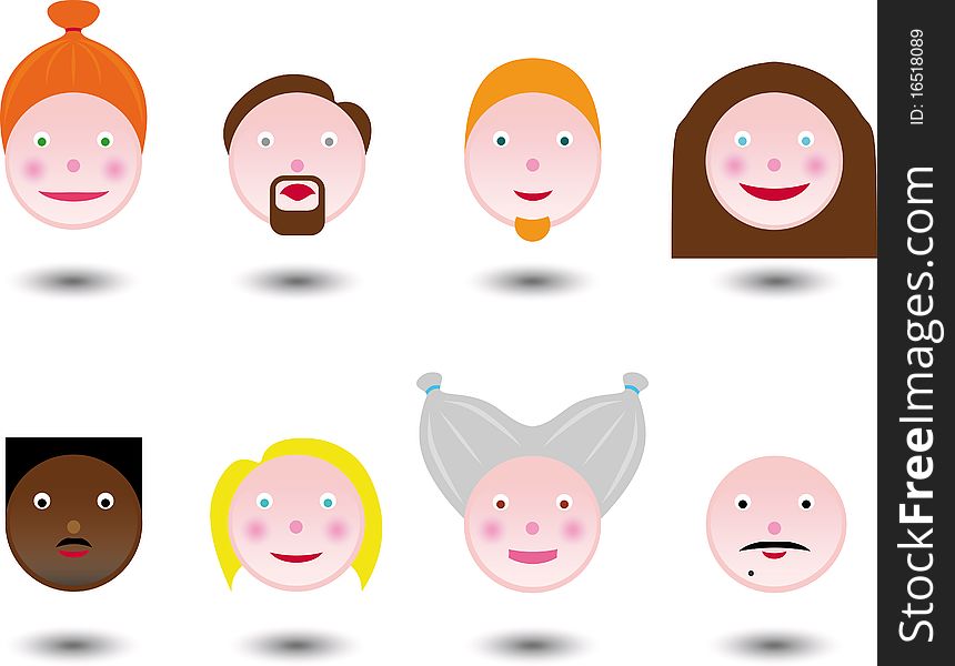 Eight emoticon of smiley faces of boys and girls