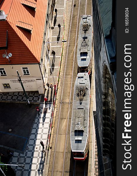 An unusual view on a tram from a tower in Prague, Czech Republic. An unusual view on a tram from a tower in Prague, Czech Republic