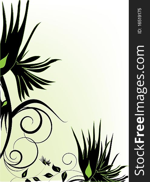 Green and black decorative flowers with place for text. Green and black decorative flowers with place for text