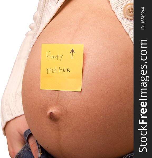Belly of pregnant woman with happy mother written on it. Belly of pregnant woman with happy mother written on it