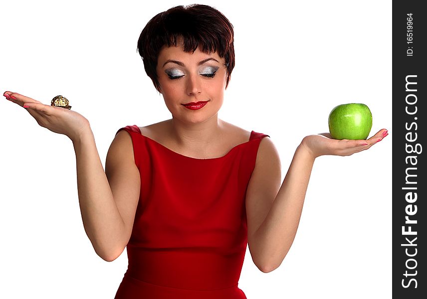 Beautiful woman on red with apple. Beautiful woman on red with apple