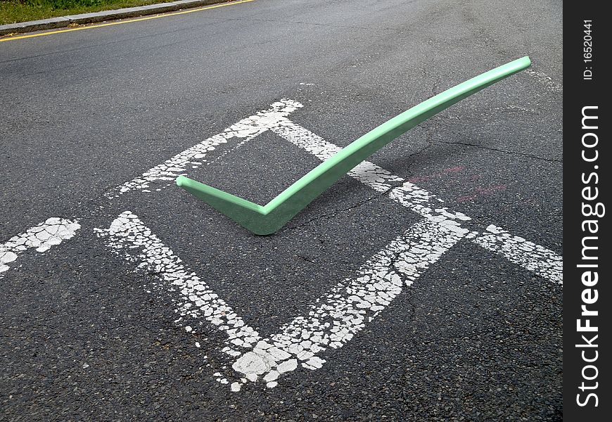 3d green check mark on pavement in painted box. 3d green check mark on pavement in painted box