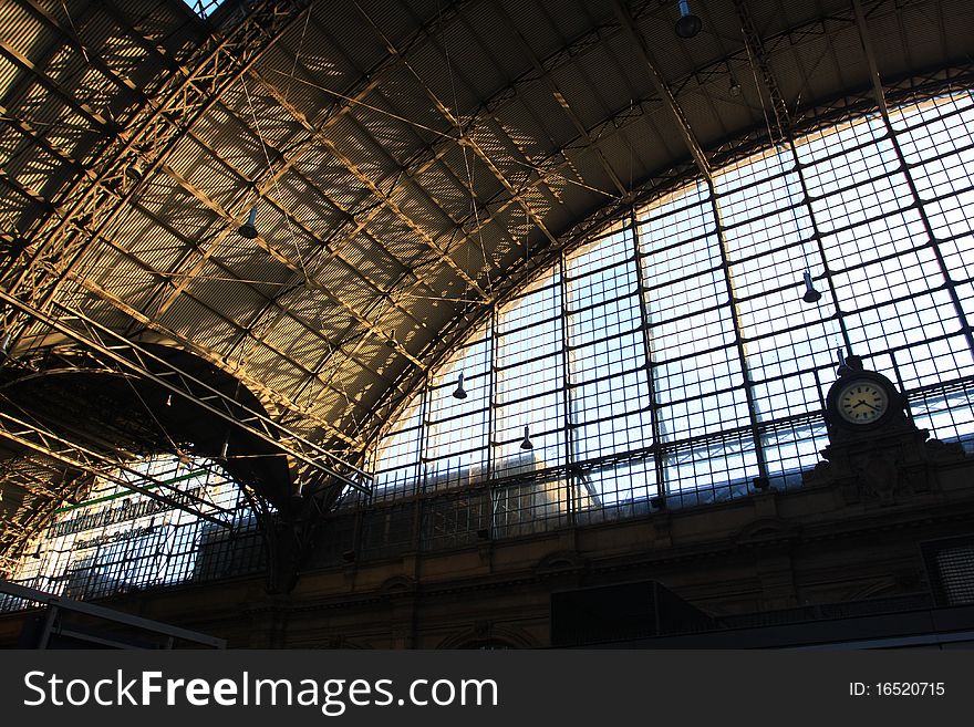 Frankfurt, Germany, Train station. Light and sun scene.