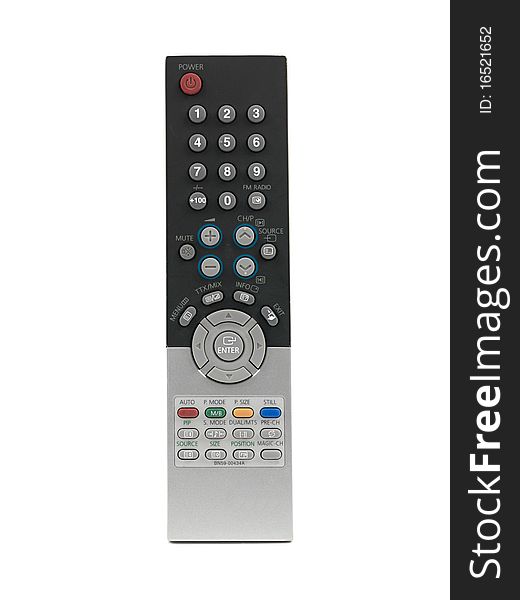 A remote control isolated against a white background