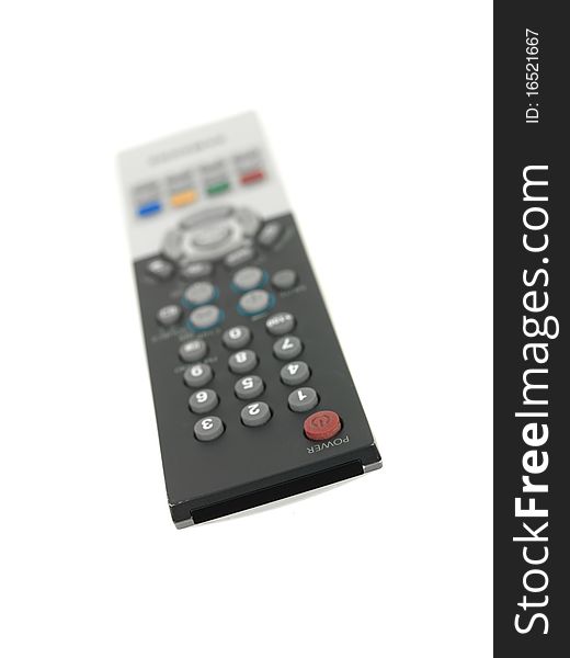 A remote control isolated against a white background