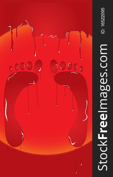 Human, red traces of feet with blood drops on a claret background