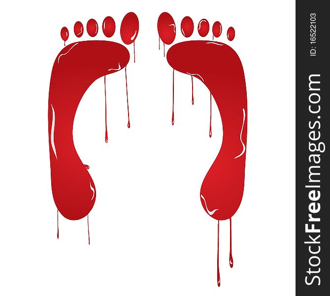 Human, red traces of feet with blood drops on a white background