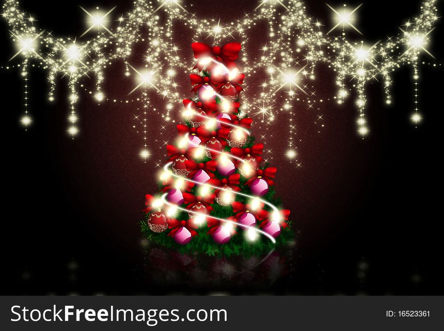 Christmas tree with decoration in the dark room. Christmas tree with decoration in the dark room