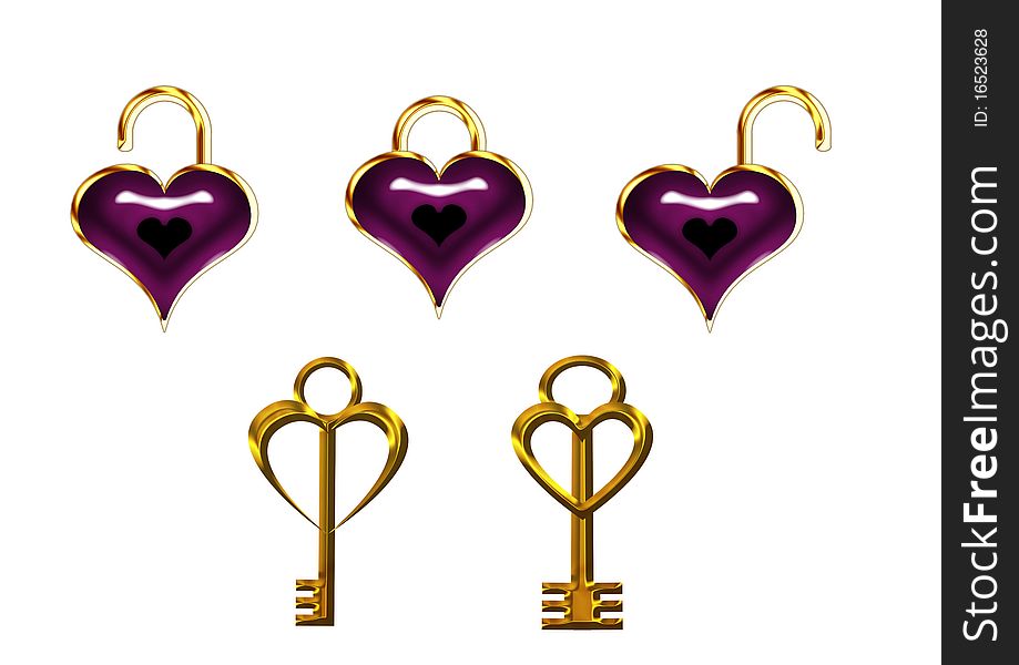 Three hart shaped locks and two golden keys. Three hart shaped locks and two golden keys