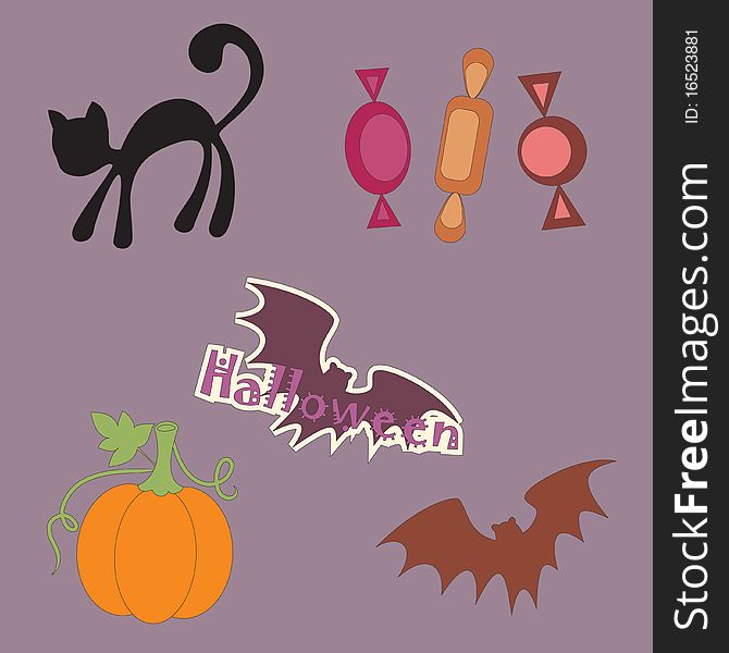 Halloween objects, isolated on purple background