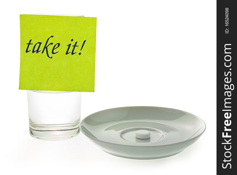 Tablet on the saucer and cup with liquid. Tablet on the saucer and cup with liquid