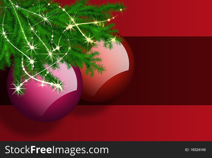 Two Christmas balls and branch. Two Christmas balls and branch