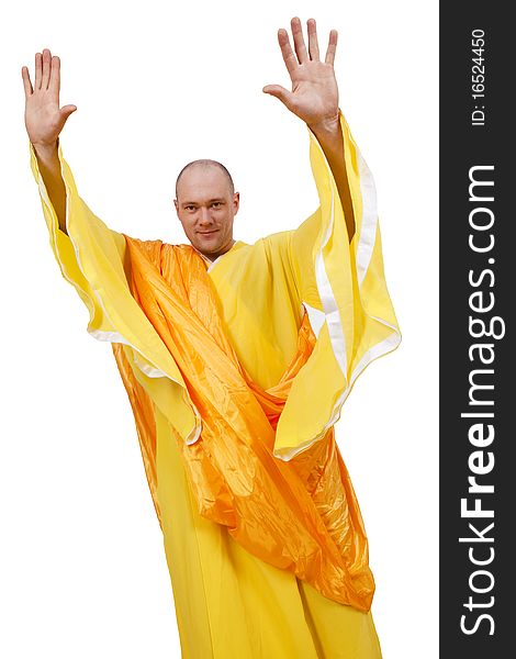 Monk with open raised palms. On white background
