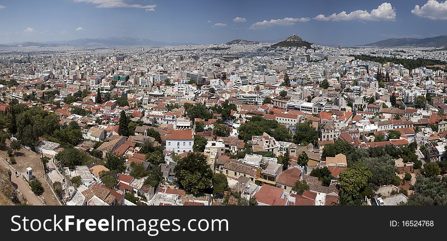 Athens and Lykavitos Hill seen from the Acropolis in Athens, Greece.