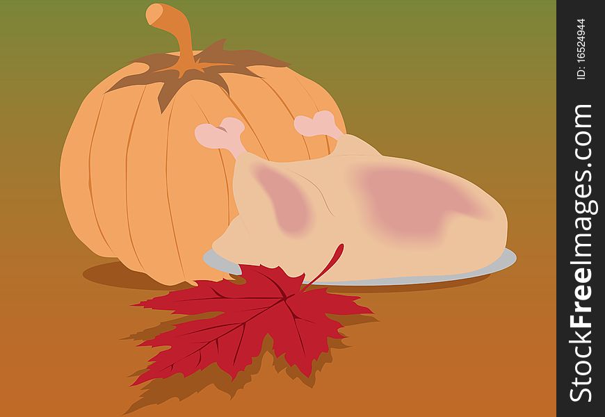 Maple leave, turkey and pumpkin tanksgiving background. Maple leave, turkey and pumpkin tanksgiving background