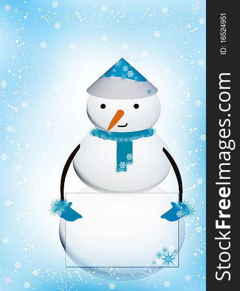 Cute Christmas snowman holding a card