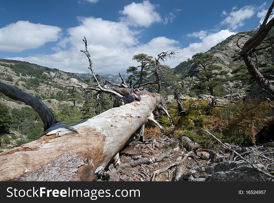 Person hiking the famous path GR20 at Corsica. Person hiking the famous path GR20 at Corsica.