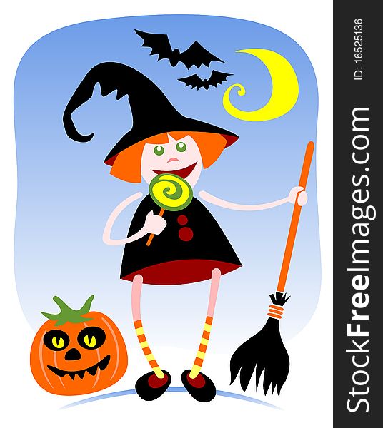 Halloween witch with broomstick and bats on a blue background.