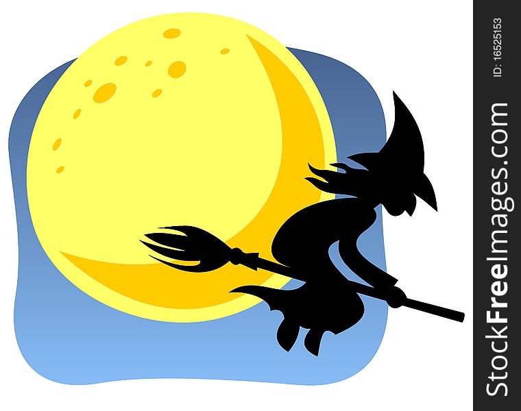 Halloween flying witch and moon on a blue background.