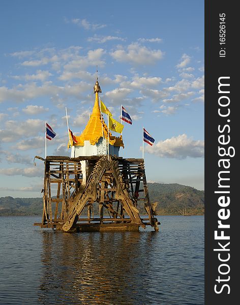 Wang Wiwekaram temple at Sangkhlaburi of Thailand,Old ancient temple. Currently caught in the middle of the water.