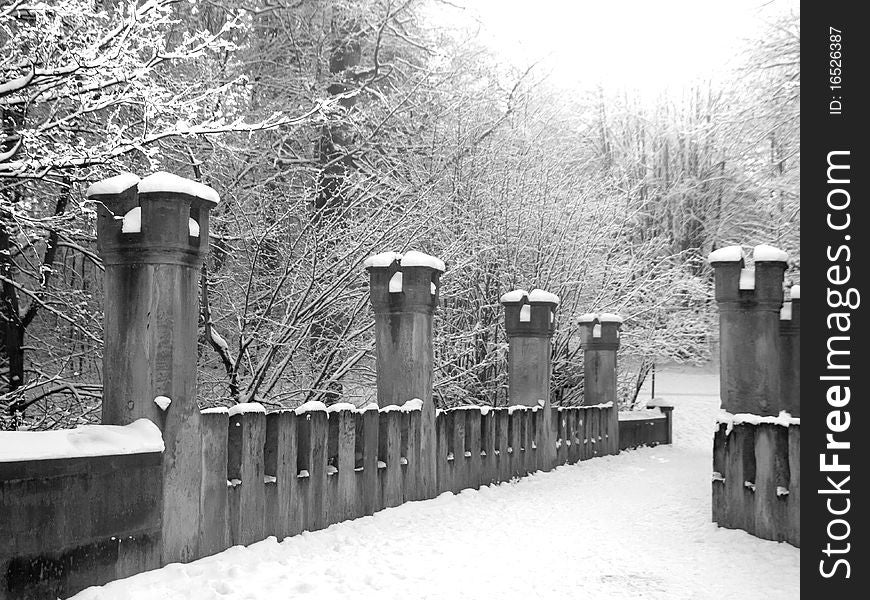 Black and white image of snowy Bridle Path in wood