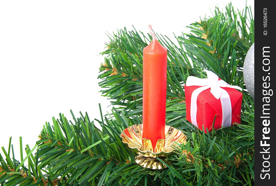Red Christmas Candle with Pine on white background