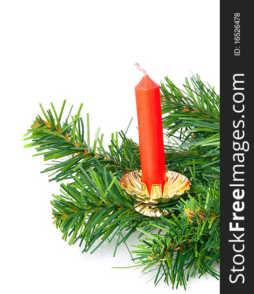 Red Christmas Candle with Pine on white background