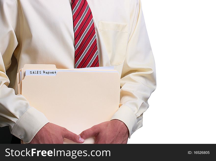 Man in a shirt and a tie holding manila sales report folders. Add your text to the folder. Man in a shirt and a tie holding manila sales report folders. Add your text to the folder.