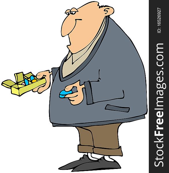 This illustration depicts a man taking medicine from his pillcase. This illustration depicts a man taking medicine from his pillcase.