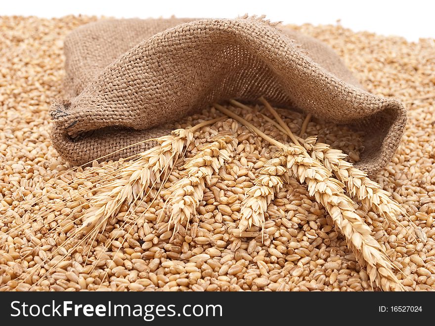 The scattered bag with wheat of a grain