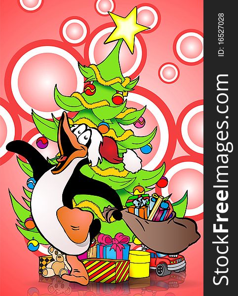 Cartoon illustration of smiling penguin on Christmas background
