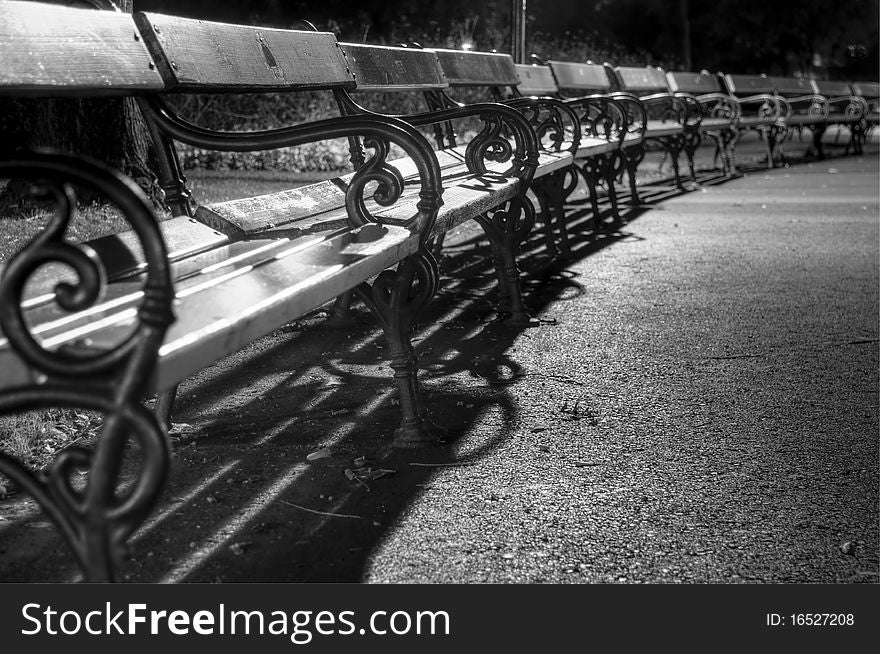 Benches in the park in late autumn night