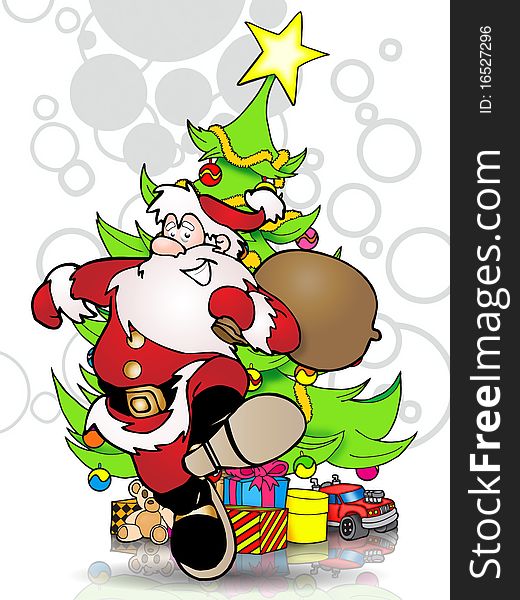 Funny illustration of a santa claus who  seems happy after put gifts under the tree. Funny illustration of a santa claus who  seems happy after put gifts under the tree