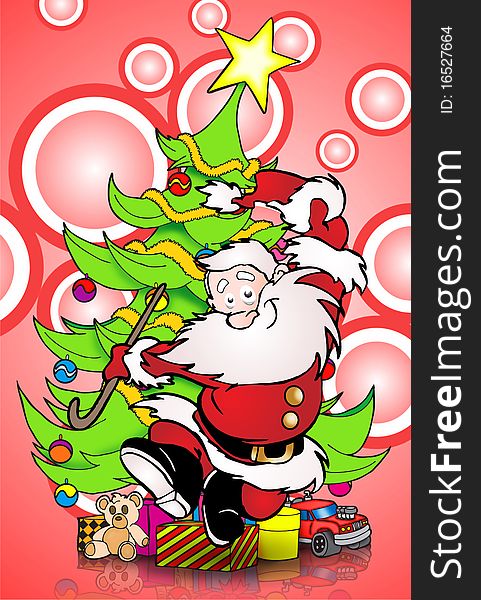 Funny illustration of a dancing santa claus who  seems happy infront of christmas tree. Funny illustration of a dancing santa claus who  seems happy infront of christmas tree