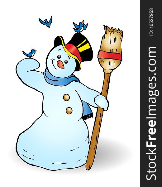 Happy snowman holding broom while playing with blue birds on christmas illustration