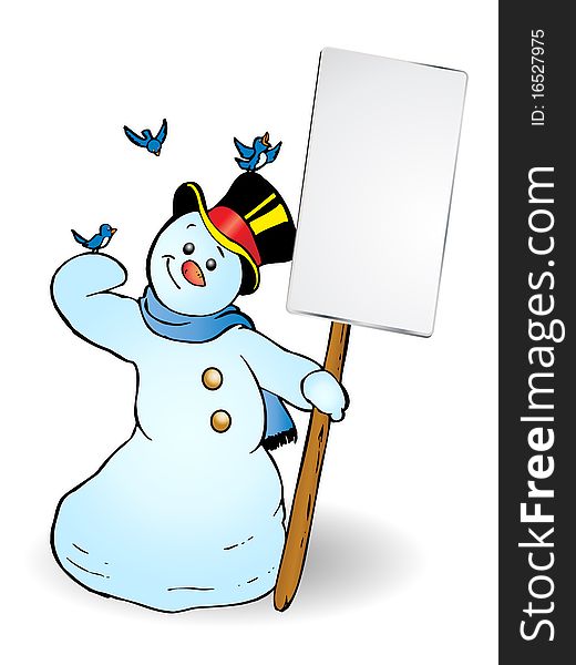 Happy snowman holding banner while playing with blue birds on christmas illustration. Happy snowman holding banner while playing with blue birds on christmas illustration