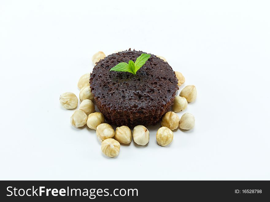 Chocolate muffin on a white background
