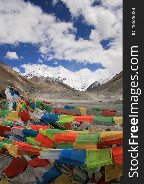 The highest peak 8844 meters in the word, seen from the first camp,the Tibetan side,prayers to the wind. The highest peak 8844 meters in the word, seen from the first camp,the Tibetan side,prayers to the wind