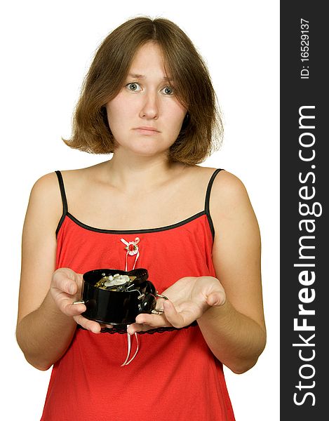 Regret attractive woman with brocken clock over white. Regret attractive woman with brocken clock over white