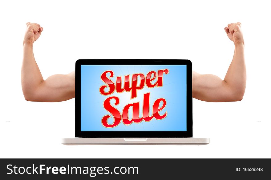 Isolated modern laptop with super sale sign and muscular biceps