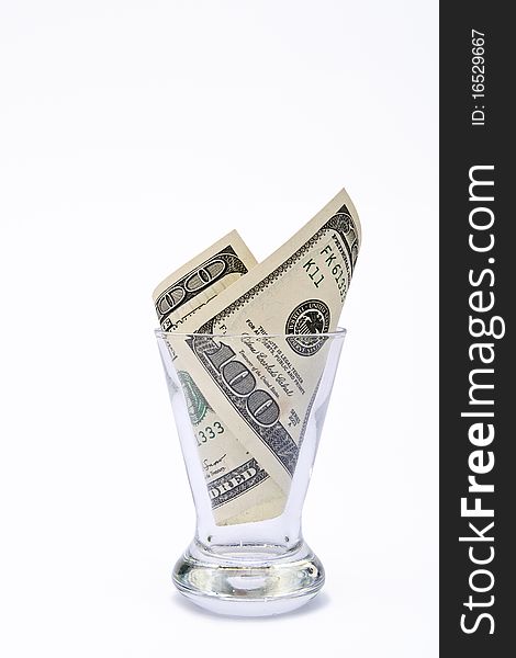 Dollar in glass on white background