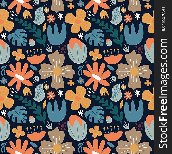 Seamless Pattern Big Doodle Flower  Background