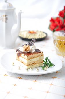 Chocolate Dessert With Tea And Napkin Stock Photo
