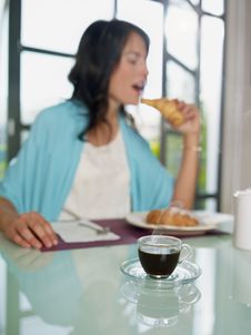 Woman Having Breakfast With Espresso Coffee Royalty Free Stock Photo